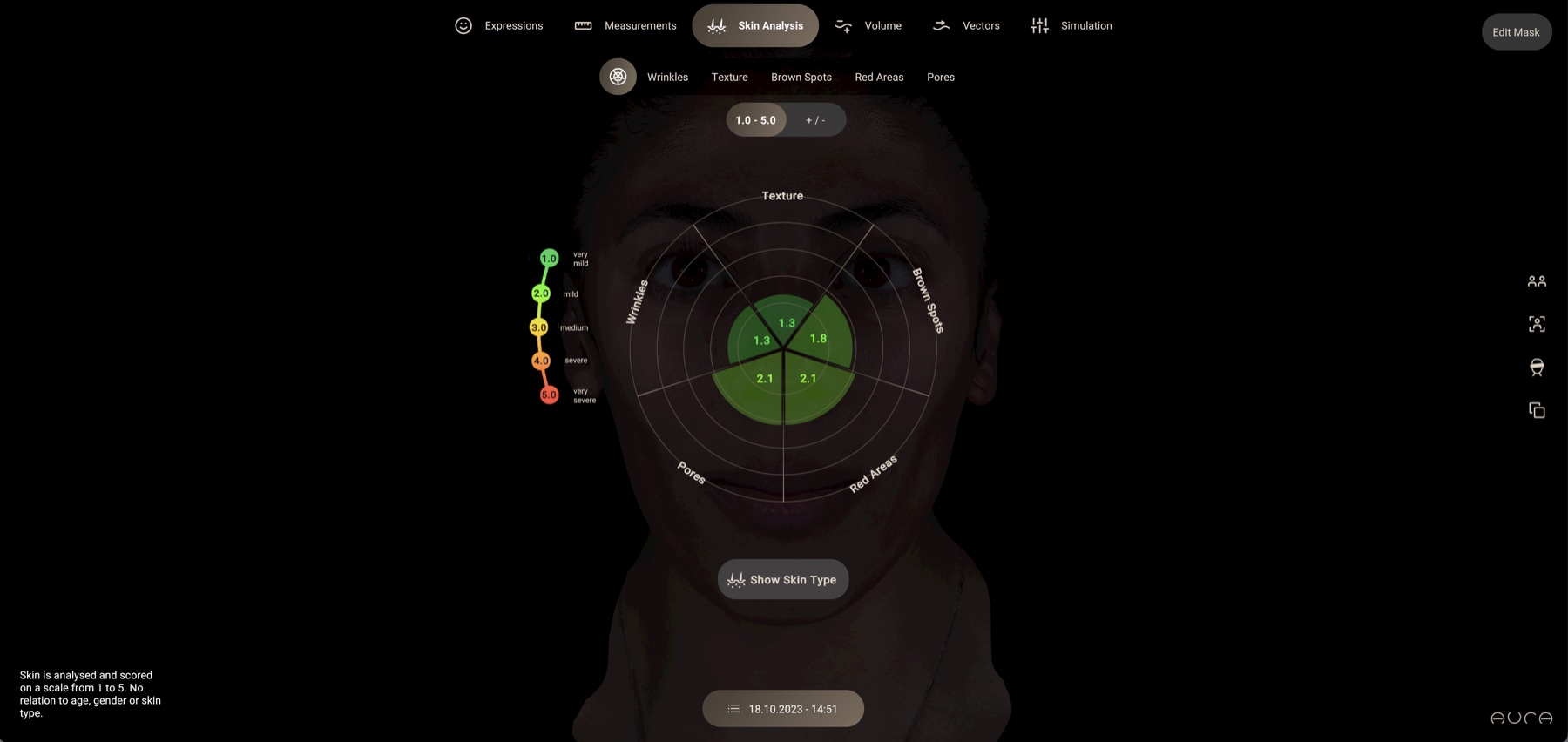 Aura scorecard showing the overall skin score and the five dimension grades by facial region