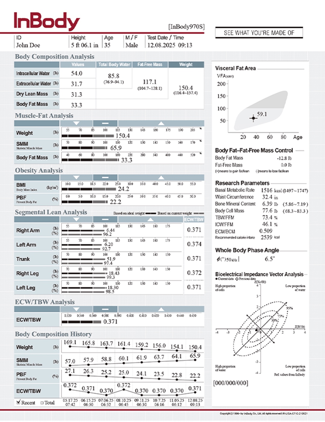 Sample InBody 970S body composition result sheet showing body composition analysis, muscle-fat analysis, segmental lean analysis, body composition history trends, visceral fat area, and phase angle measurements